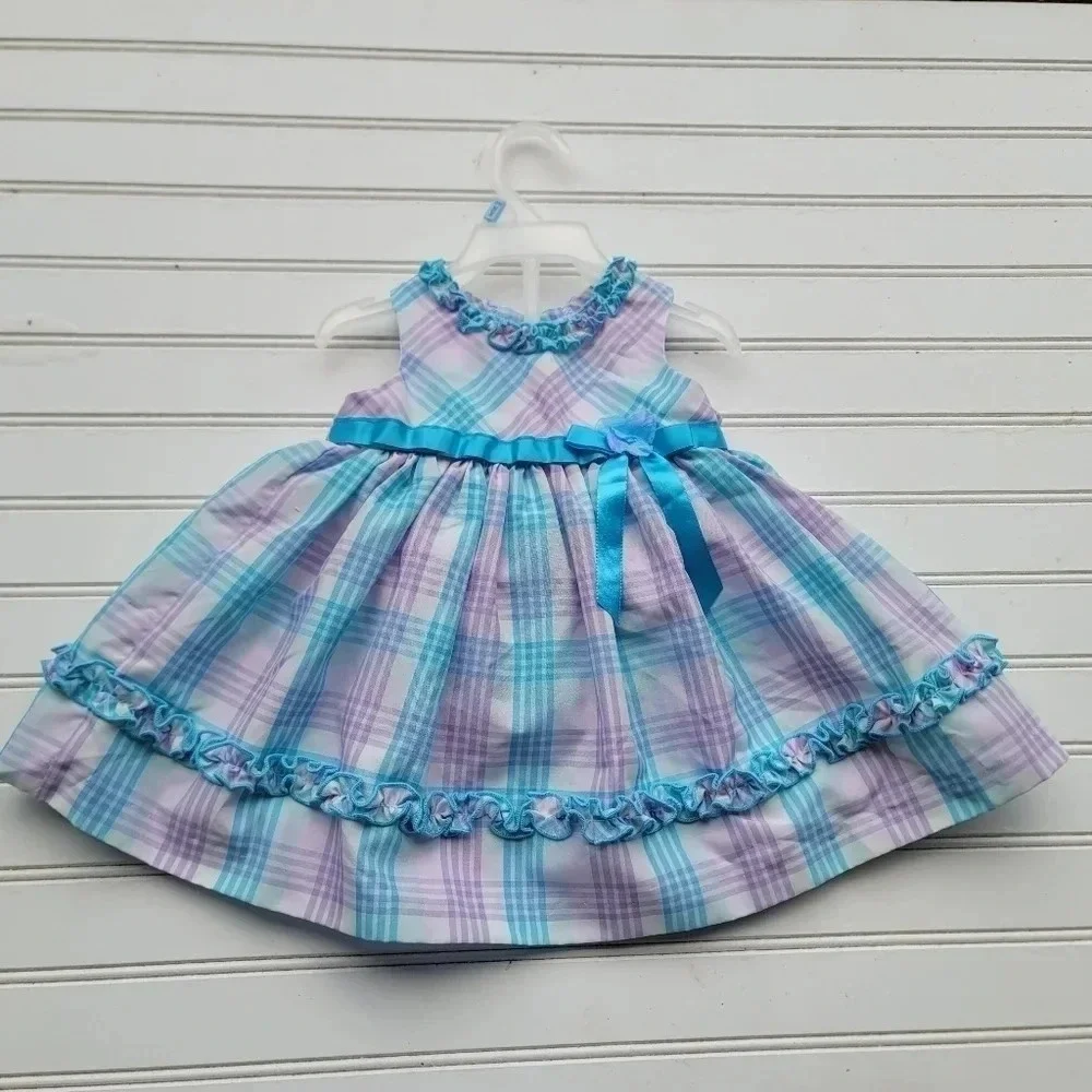 2PC BONNIE BABY WHITE TEAL LILA EMPIRE WAIST DRESS BUTTONS TIES BACK 6-9 Mos